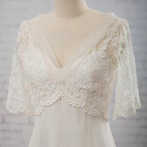 Elegant V-Neck Tulle Gown W/ Delicate Lace and Short Sleeves